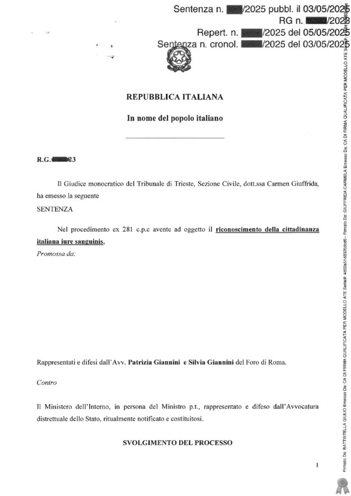 TRIBUNALE TRIESTE 2025 SENTENZA CITTADINANZA