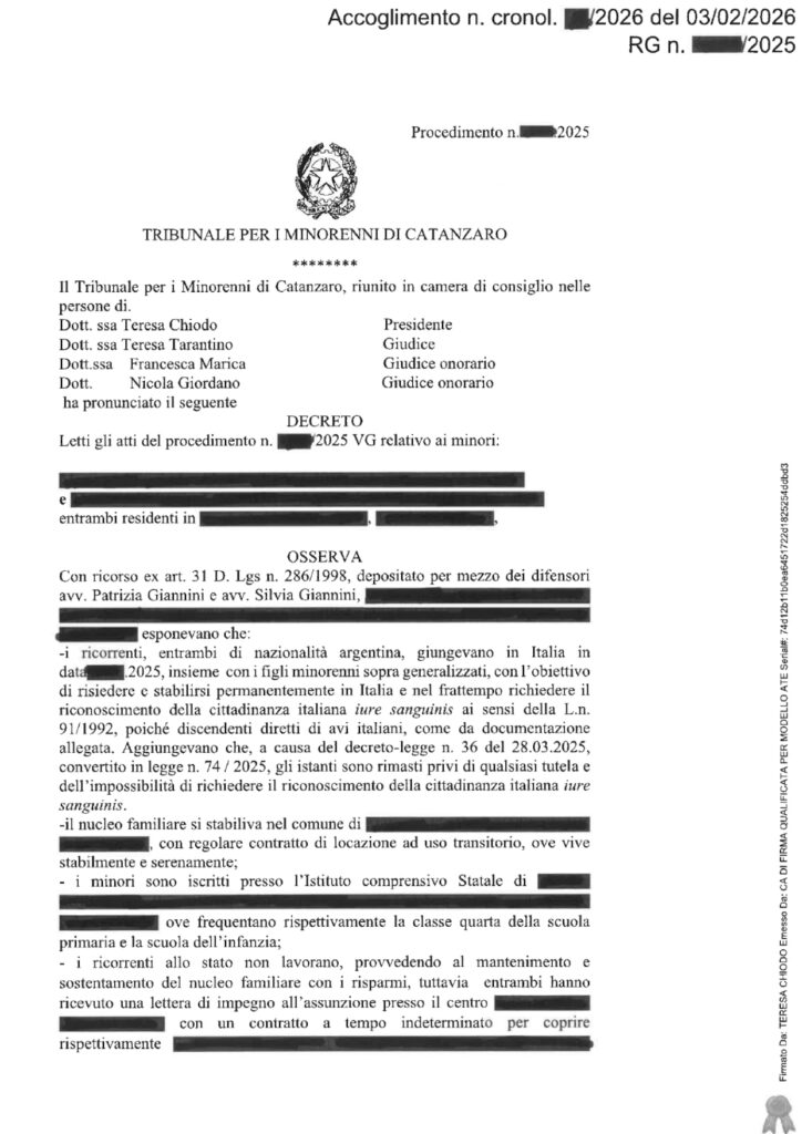 Tribunale per i Minorenni di Catanzaro 3 febbraio 2026 (art. 31 TUI)