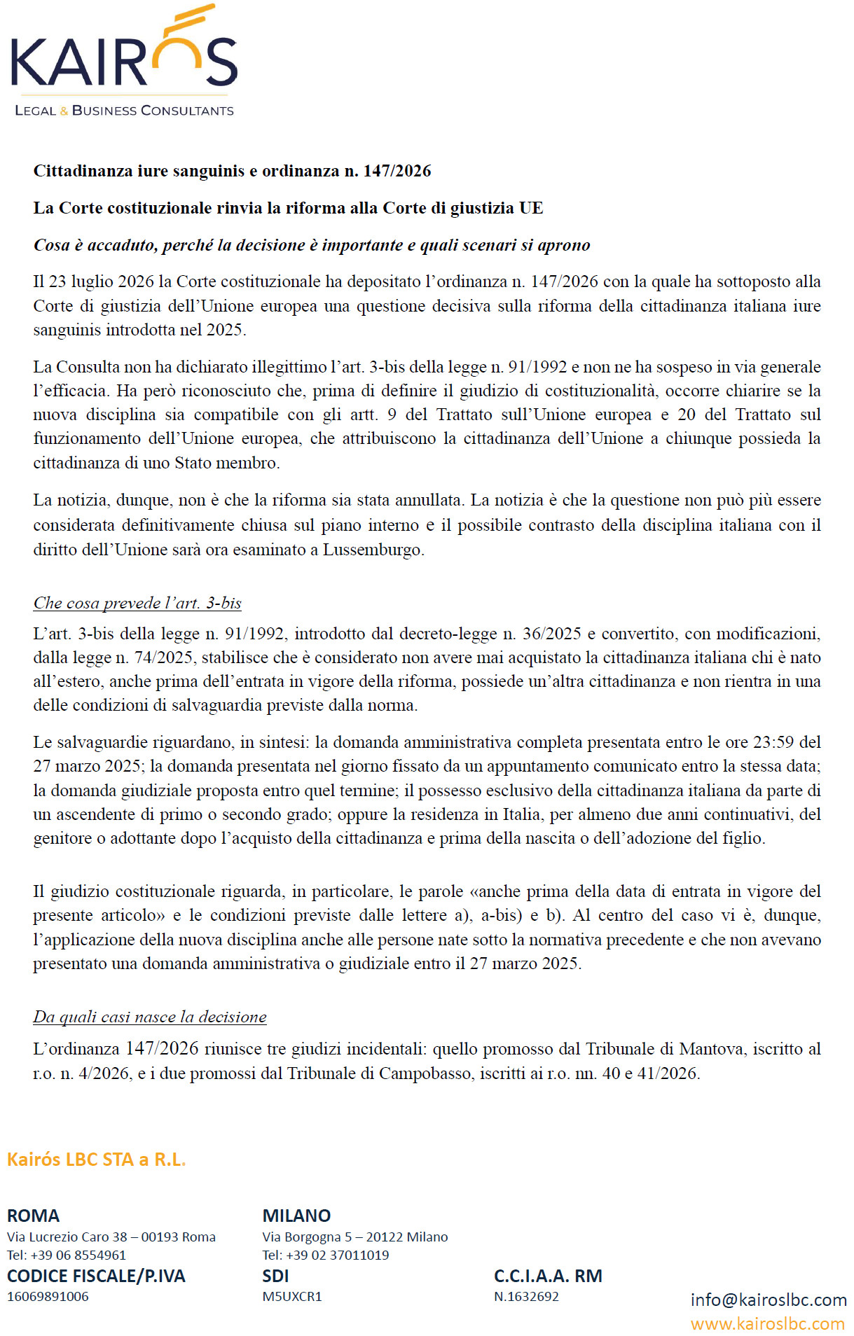 Cittadinanza iure sanguinis ordinanza 147/2026 - Corte costituzionale rinvia riforma alla Corte di giustizia UE