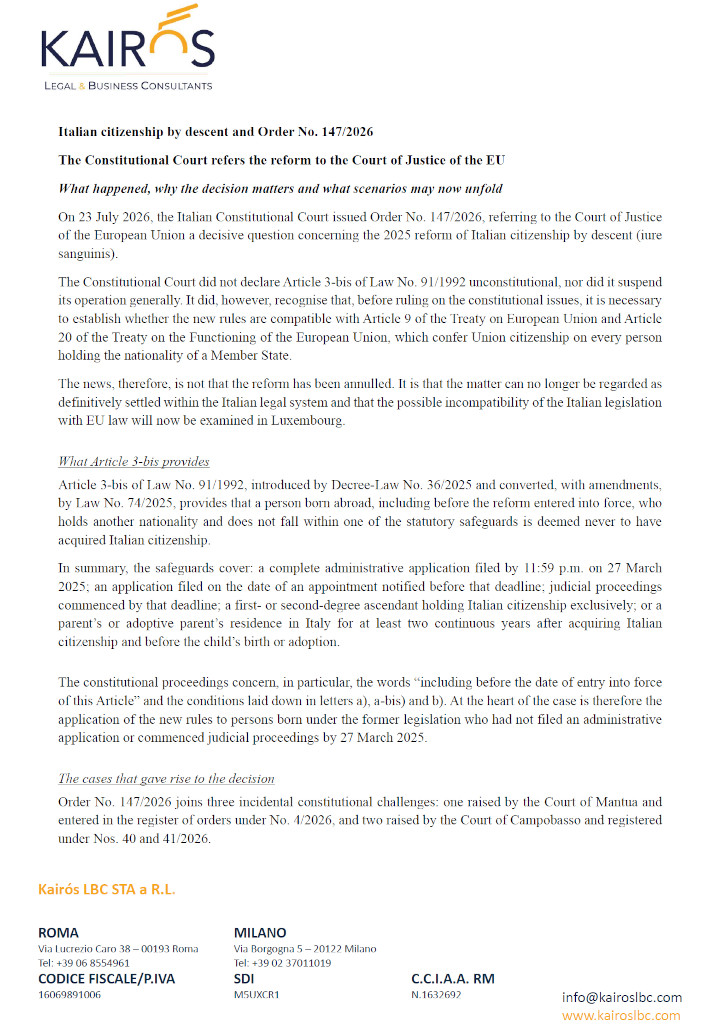 Italian citizenship by descent order 147/2026 - Constitutional Court refers reform to EU Court of Justice