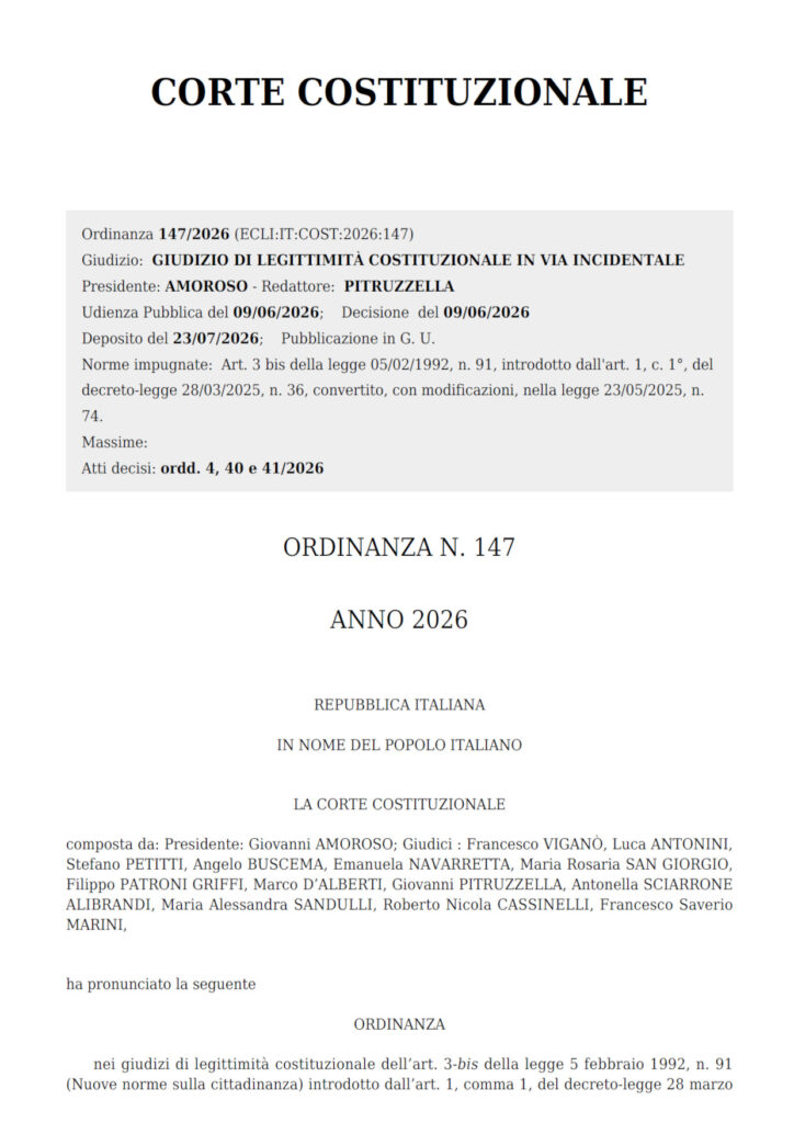 Corte costituzionale 147/2026  Giudizio di legittimità costituzionale in via incidentale